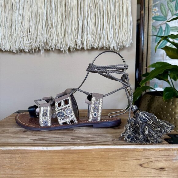 Sam Edelman Gretchen Gray Silver Ankle Wrap Tassel Gladiator Flat Sandal Size 7 - Picture 7 of 17
